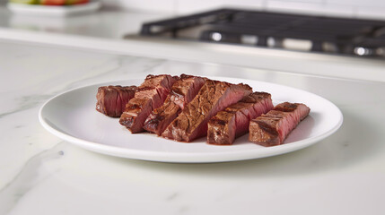 Portrait of a white plate sitting on a beautiful White marble table containing delicious slices of  steak during a sunny day with a kitchen background