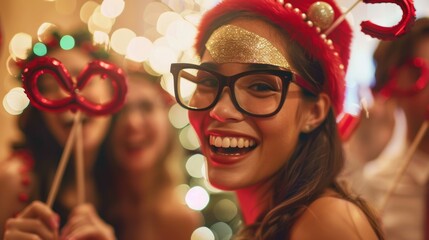 Blurry snapshots of guests posing for pictures with silly props capturing the playful spirit of the holiday party.