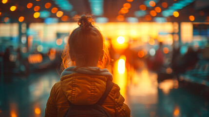 Obraz premium A young girl with her backpack stands inside an airport, bathed in the warm glow of the golden hour. The scene captures the essence of children traveling and the excitement of new adventures