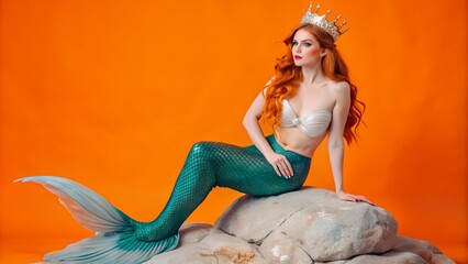 gorgeous queen mermaid sitting on a rock. mermaid princess, mermaid costume.