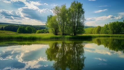 Obraz premium green meadow reflects in pond, AI Generative.