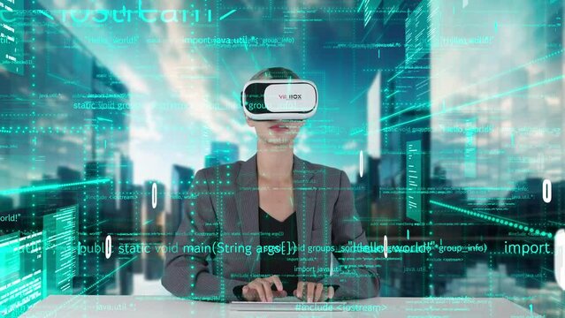 IT developer typing computer code for analyzing intelligent website development coder system data selection by VR innovation interface digital network technology visual hologram server. Contraption.