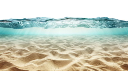 Blue water surface with sandy ocean bottom, isolated on transparent background
