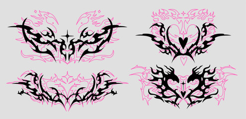 A collection of neo-tribal quirky elegant tattoos in pink and black on a gray background. Cybersigilism and Y2K aesthetics.