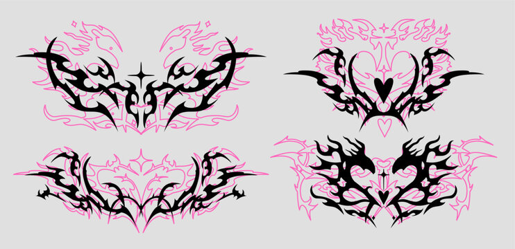 A collection of neo-tribal quirky elegant tattoos in pink and black on a gray background. Cybersigilism and Y2K aesthetics.