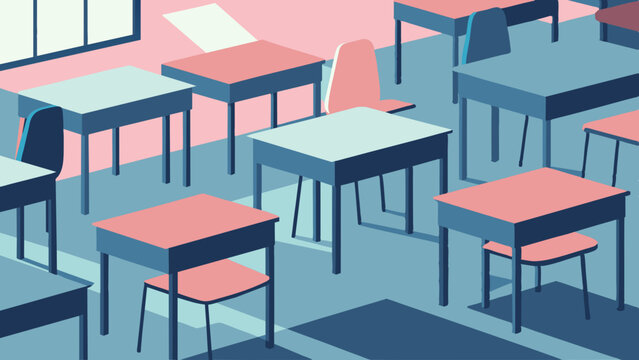 Image of a classroom setup with desks and chairs arranged neatly.  Illustration showing a typical classroom layout with desks and chairs. 