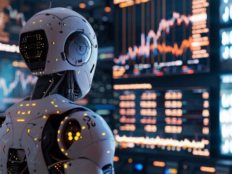 view from behind of a chatgpt robot looking at trading graph - ai