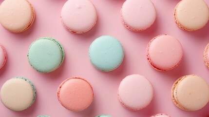 Obraz premium Macarons arranged in pastel shades on a pink background