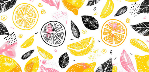 lemon, black ink hand drawing doodles, yellow and pink color palette, seamless pattern on white background, leaves, vector illustration