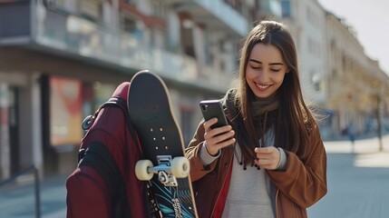 Happy young woman with skateboard and smart phone on street : Generative AI