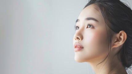 Naklejka premium Studio shot of Beautiful young Asian woman with clean fresh skin isolated on white background Face care Facial treatment Cosmetology beauty and spa : Generative AI