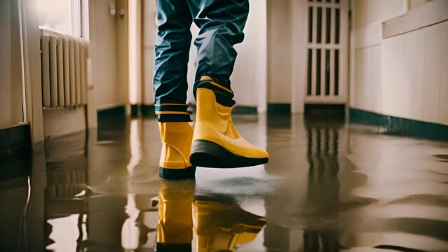Flooded Home Interior With Person Wearing Yellow Boots Generative AI