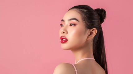 Cute Asian woman model gathered in ponytail with korean makeup style on face have plump lips and clean fresh skin wearing pink camisole on isolated pink background : Generative AI