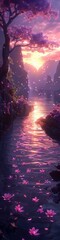 A fantastical landscape with a tree covered in purple flowers and the petals are blowing in the wind. 
