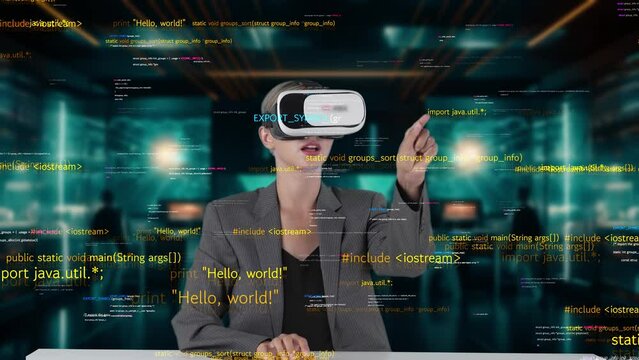 IT developer typing computer code for analyzing intelligent website development coder system data selection by VR innovation interface digital network technology visual hologram server. Contraption.