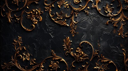 Ornate Gold Floral Pattern on Black Textured Background - Luxurious Vintage Baroque Design for Elegant Decor and Artistic Inspiration