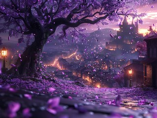 A fantastical landscape with a tree covered in purple flowers and the petals are blowing in the wind. 