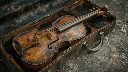 Obraz premium A violin is sitting on a table in a cluttered room