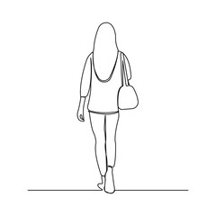 Woman walking with bag back view one-line art drawing. Hand-drawn woman vector illustration.