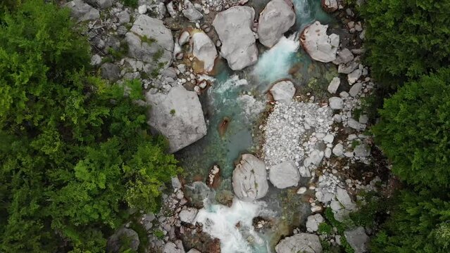 Drone video of mountains and river of Theth National Park in the Albanian Alps, Albania 