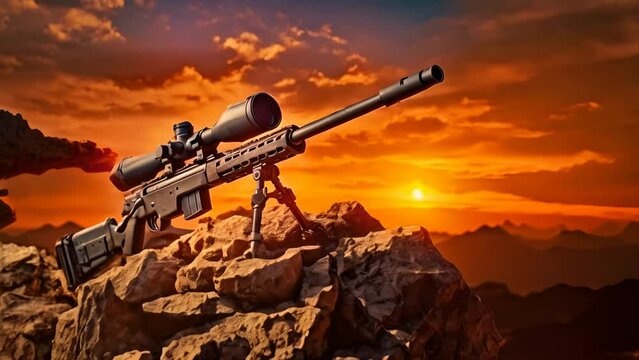A sniper rifle from a rifle with an optical sight. On the Sunset. Sports shooting and hunting concept, copy space for text