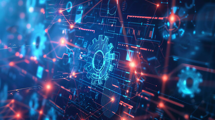 Futuristic digital technology background showcasing a complex network of gears and connections in a glowing blue and red interface.