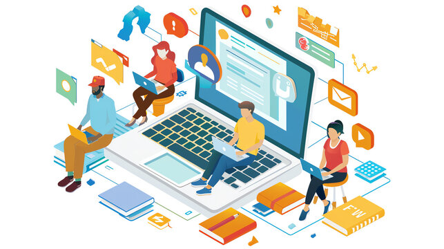 Illustration of diverse group of people engaging in online learning and digital collaboration using laptops and digital tools.