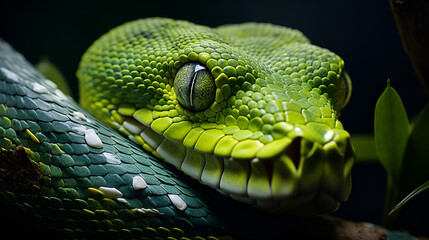 Fototapeta premium Green tree python Reticulated python on dark background 