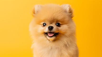 Obraz premium dog puppy cute looking towards camera on yellow background