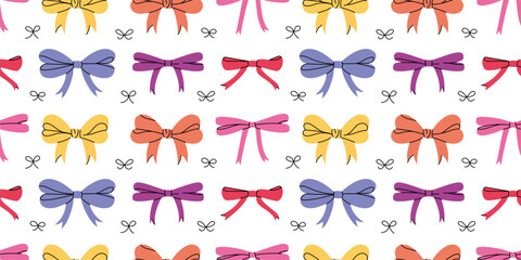 Pattern of colorful bows with little line bow elements. Bows hand drawn pattern on white background