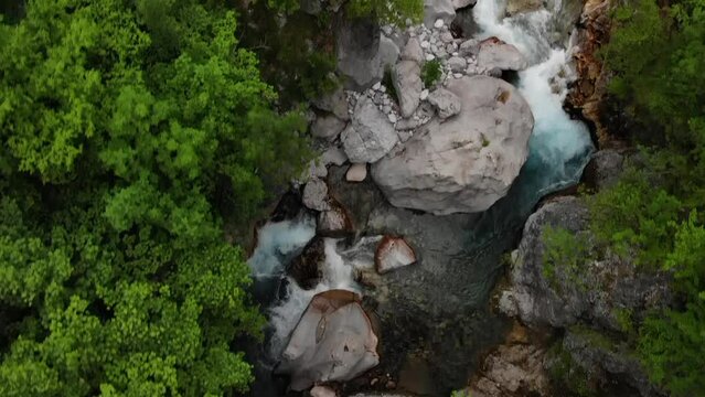 Drone video of mountains and river of Theth National Park in the Albanian Alps, Albania 