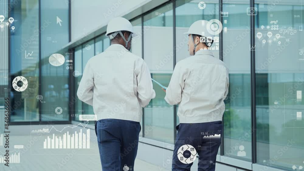 Poster multinational group of engineers and digital data concept