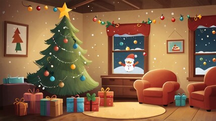 illustration christmas tree and gift in the room