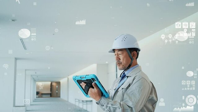 タブレットを使うエンジニアとデジタルデータイメージ