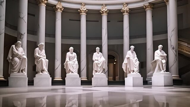 Six Marble Statues in a Grand Hall Generative AI