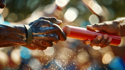 Close-Up of Athletes Passing Baton in Relay Race with Bokeh Background, Highlighting Teamwork, Speed, and Precision in Competitive Sports