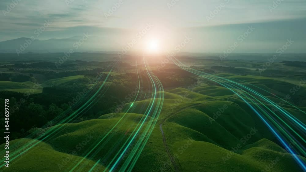 Poster a path of light stretching towards the sunrise of nature. a path to the future.