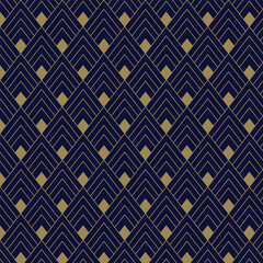 Art Deco chevron pattern background. A striking Art Deco-inspired chevron pattern featuring gold lines on a rich navy background