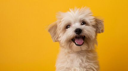 dog puppy cute looking towards camera on yellow background