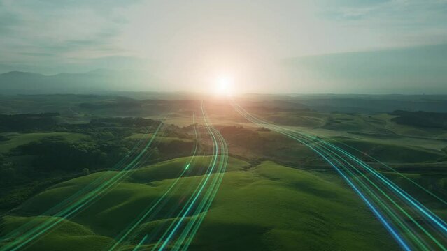 大自然の日の出に向かって伸びる光の道　未来への道