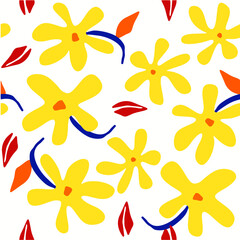 Seamless vector pattern featuring hand-drawn colorful flowers and doodles, with artistic floral elements repeating in red, yellow, and blue. Ideal as a creative and artistic background