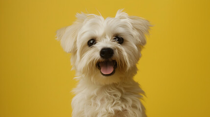 dog puppy cute looking towards camera on yellow background