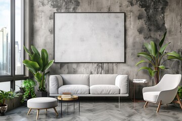 Mockup of blank wall with poster in office room created with Generative AI