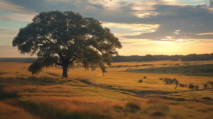 Obraz premium Savannah sunset tranquil beauty in nature horizon, AI Generative