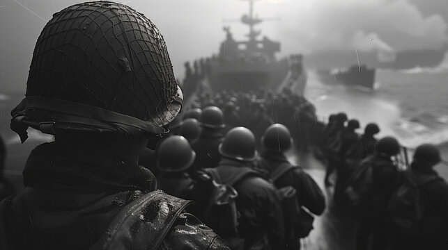 Soldiers landing on Normandy beach during D-Day invasion.
