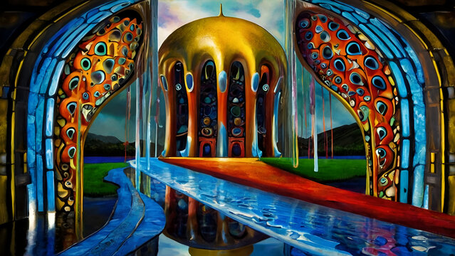 a colorful painting of trees Surreal Polymorphic Landscapes Ethereal Blend of Fractal Shapes