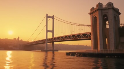 Naklejka premium A bridge spans a body of water with a sunset in the background