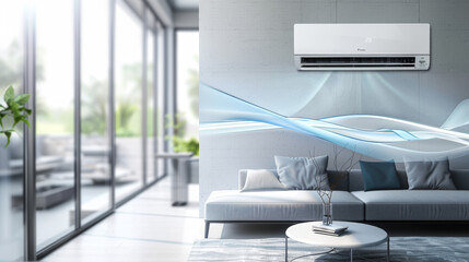 Abstract air conditioner with blue waves of fresh cool breeze flowing in a modern home interior background, concept for energy performance and advertisement, 3D rendering