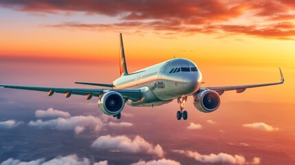 an airplane in flight, captured from the front side angle. The plane is visible against the backdrop of the rising sun