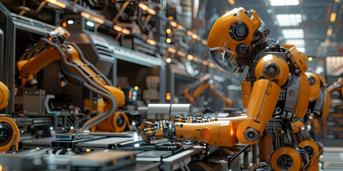 Fototapeta premium Robotic Arms Working on Assembly Line in Factory